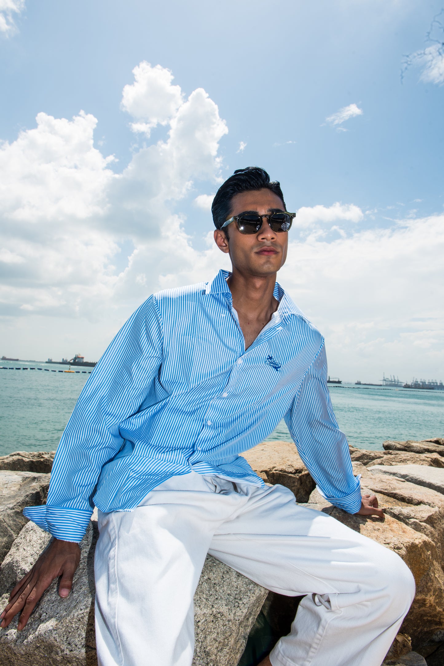 Sky-Blue Striped Button-Up