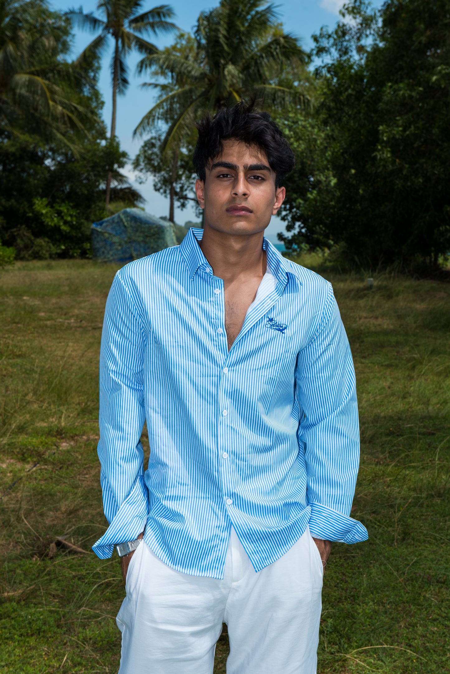Sky-Blue Striped Button-Up